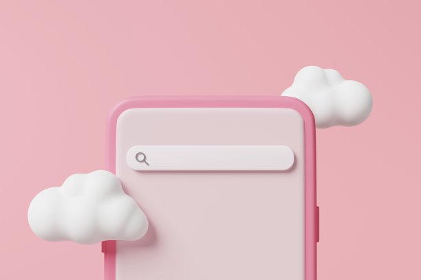 简约风格的空白屏幕手机放大镜互联网搜索栏和云在粉红色的背景。云服务器数据系统，网页浏览器，信息研究与手机的概念。三维渲染图片下载