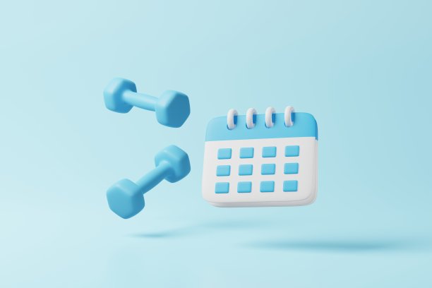 蓝色哑铃与日历在蓝色背景。举重训练活动，健美运动，日常健身房健身计划，健康节食，健美器械概念。三维渲染图片下载