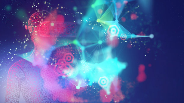 人们用VR小草玩虚拟现实游戏。未来数字技术和3D虚拟现实模拟现代未来生活方式图片下载