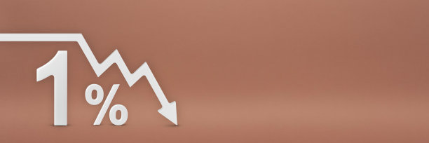 百分之一，图上的箭头指向下。股市崩盘，熊市，通货膨胀。经济崩溃，股市崩溃。3d横幅，1%的折扣标志在红色的背景。图片下载