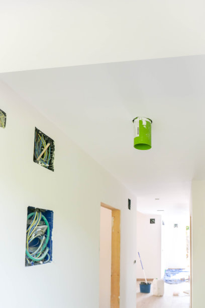 绿色电缆管在白色吊顶中用于在房屋施工中引入电缆，还有一些蓝色和绿色的电缆在墙壁中。木门。图片下载