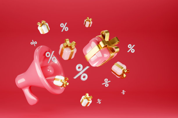 红色扩音器与礼品盒和百分比标志的红色背景图片下载