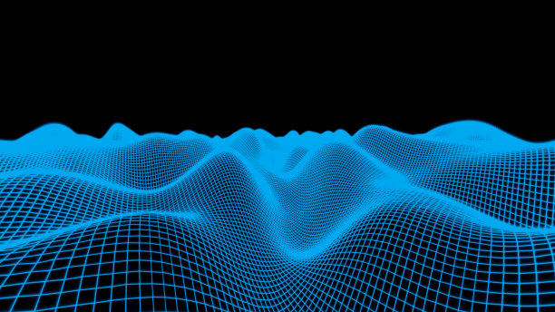 蓝色线框抽象山景观在黑色背景。现代发光网格插图，3D渲染图片下载