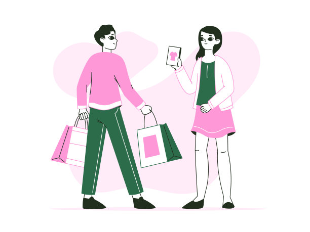 购物角色，年轻情侣一起买东西。网上网上购买，服装零售店客户平面矢量插图。移动购物场景图片下载