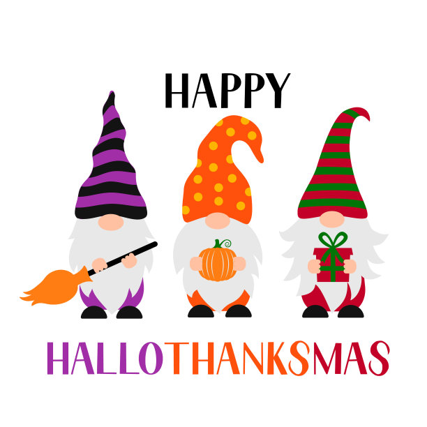 Hallothanksmas快乐。有趣的万圣节，感恩节，圣诞节侏儒。矢量模板排版海报，横幅，明信片，衬衫等图片下载