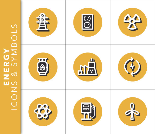 一套与能源工业和电力相关的图标和符号与绿色背景上的阴影。图片下载
