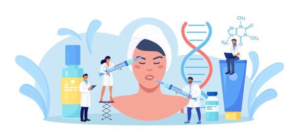 美容,皮肤。女子在美容院接受医生注射肉毒杆菌以恢复肌肤活力。使用玻尿酸注射器。面部皱纹的治疗图片下载