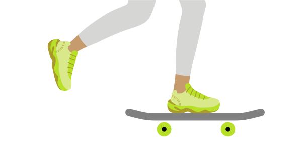 滑板的人。女孩或男孩的腿站在滑板上。休闲舒适的鞋子和衣服。平矢量隔离环保交通，运动替代交通图片下载