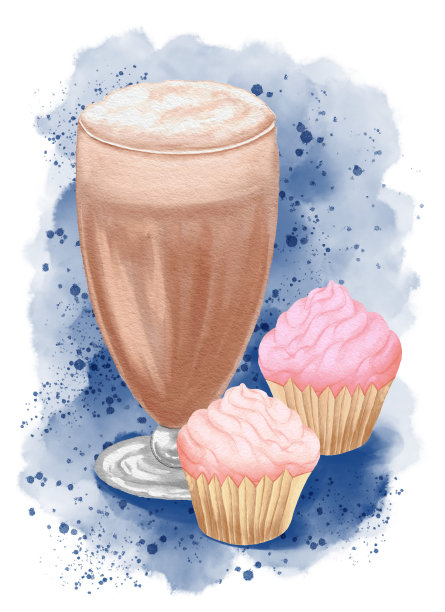 水彩画背景上的咖啡和纸杯蛋糕。设计明信片，卡片，名片。水彩风格的孤立插图。图片下载