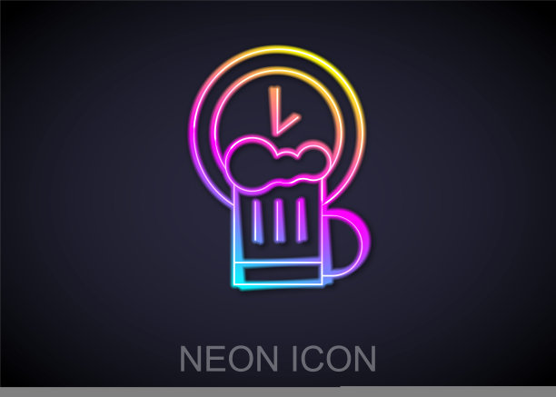 发光的霓虹灯线欢乐时光与木制啤酒杯图标孤立在黑色背景。向量图片下载