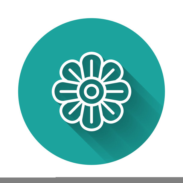 白线花图标孤立与长阴影背景。绿色圆圈按钮。向量图片下载