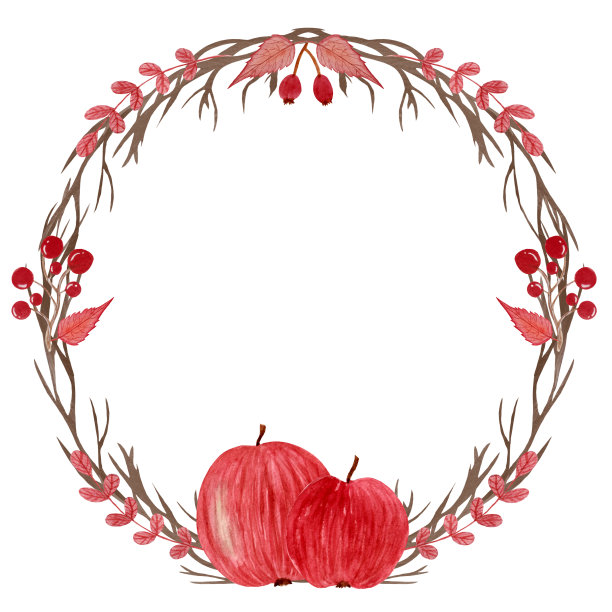 明亮的水彩画框架为秋季节日，一个花环与红叶，浆果和苹果。图片下载