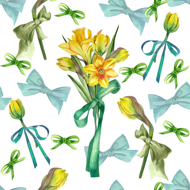 无缝图案的黄色水仙花和郁金香花束。适用于印刷，纺织品，墙纸，剪贴簿等设计。图片下载