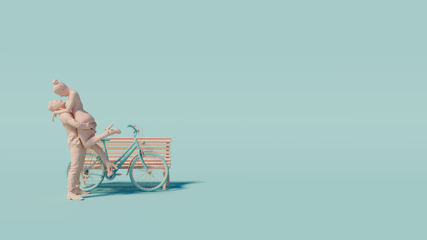 爱情主题的3d概念。一对夫妇坐在长凳上。三维渲染图片下载