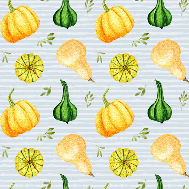 橙色和绿色的南瓜在条纹的背景。水彩无缝图案与南瓜。感恩节和万圣节的秋季设计。设计菜单，封面和包装。有机蔬菜图片下载