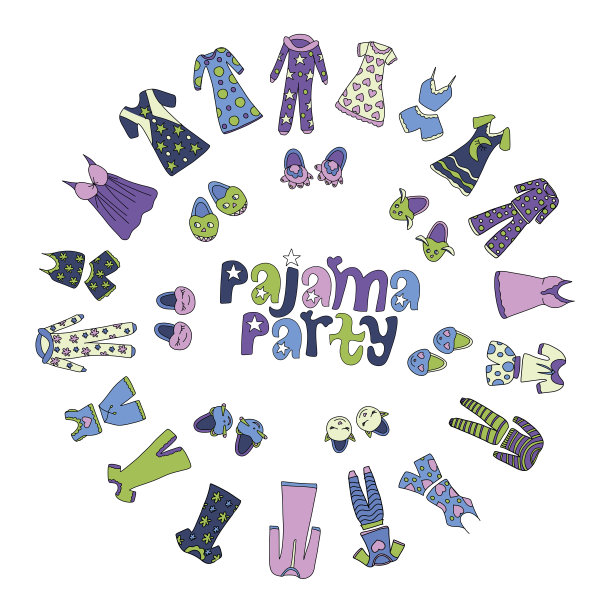睡衣派对邀请。矢量模板儿童睡衣派对。一套有趣的睡衣和睡袍，枕头和壁炉在一个圆形的组成安排。图片下载
