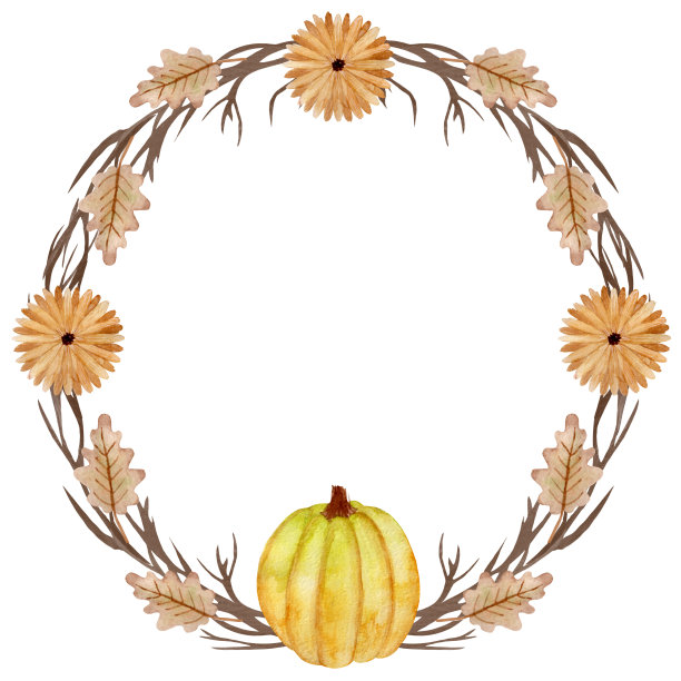 水彩花环用橡树叶，花，和黄色的南瓜。元素的白色背景上的各种产品图片下载