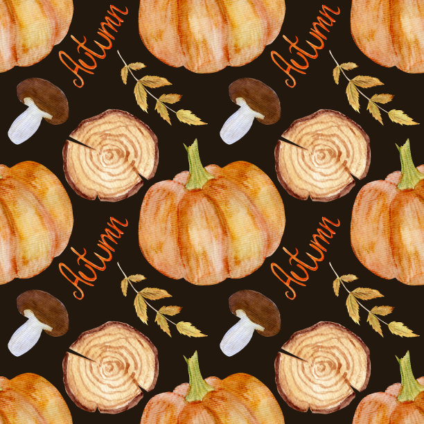 多彩的水彩图案各种秋色元素。南瓜，蘑菇，树叶，木制圆圈和黑色背景上的字母。图片下载