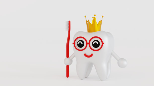 可爱的牙齿人物用笑脸托着牙科设备牙刷，牙科保健概念，3D渲染。图片下载