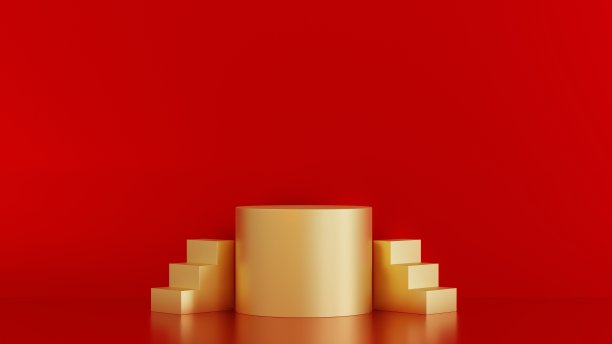 红色背景金色圆形台座，产品展示或颁奖典礼舞台，3D效果图。图片下载