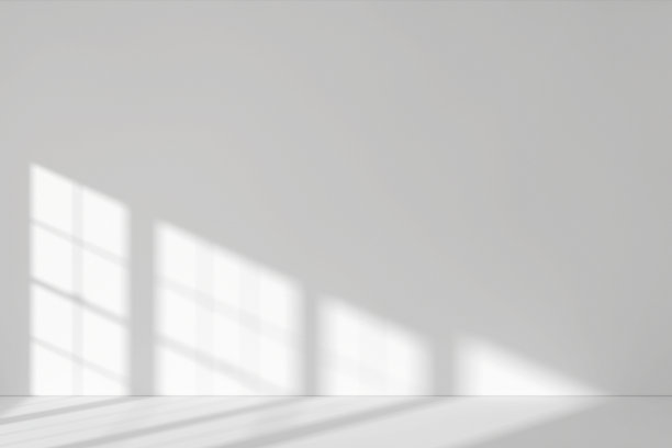 在空房间白色墙壁和地板上的窗户和阳光的阴影。3d渲染图片下载
