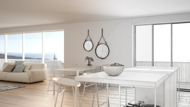 建筑师室内设计师概念:未完成的项目变成现实，阁楼厨房室内设计，岛屿与凳子，餐桌，拼花，概念想法图片下载