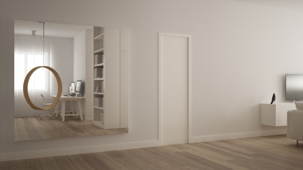 极简主义白色一居室公寓大方形镜子，镶木地板，映出居家办公场所，白色桌子配电脑桌面，现代室内设计图片下载