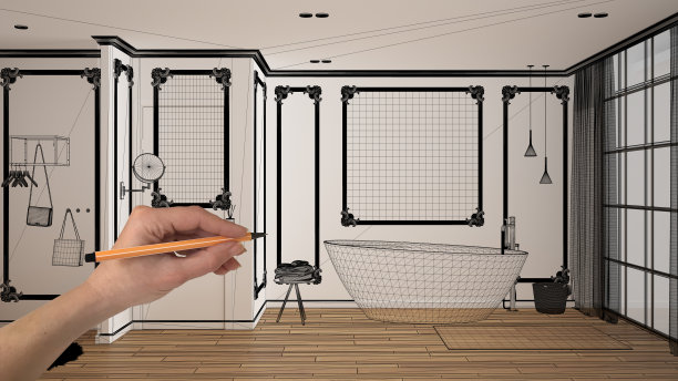 空旷的白色室内，拼花地板，镶线的墙壁，手绘定制建筑设计，黑色墨水素描，展示现代浴室的蓝图，浴缸，水槽和地毯图片下载