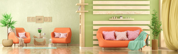 现代客厅室内设计有沙发和两把扶手椅，植物，3d渲染图片下载