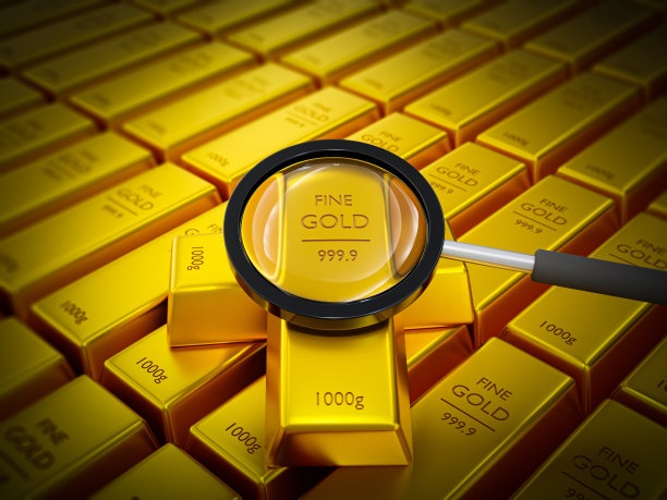 3d现实金条。背景是一堆金条。金条和放大镜。3 d渲染插图。图片下载