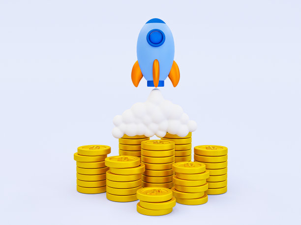 3d火箭从一堆钱中升起。越来越多的创业理念。项目开始的概念。从硬币发射的火箭。3 d渲染插图。图片下载