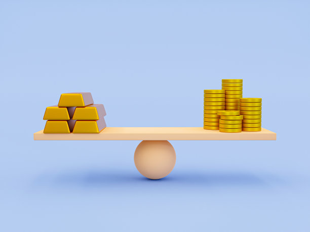 货币和黄金之间的3d最小比较。货币和金条的估值。一堆硬币和一堆金条放在跷跷板上。3 d渲染插图。图片下载
