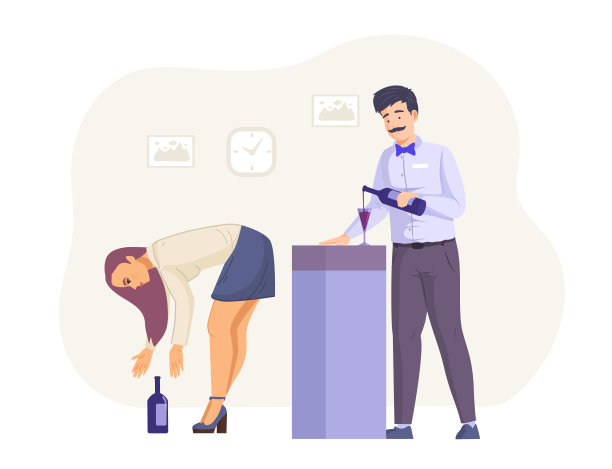 酒保正在往玻璃杯里倒酒，而女孩正在从地板上捡酒瓶图片下载