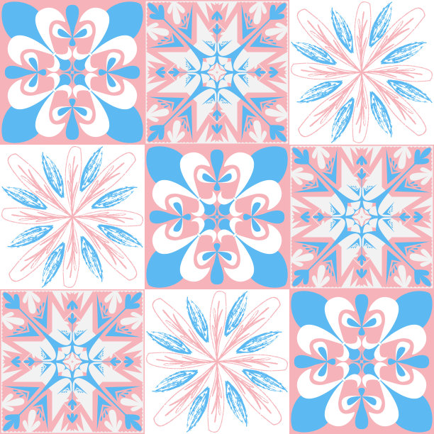 TalaVera de Puebla陶瓷葡萄牙瓷砖，粉彩无缝图案装饰墙壁和地板，矢量插图瓷砖设计的女孩粉蓝色白色图片下载