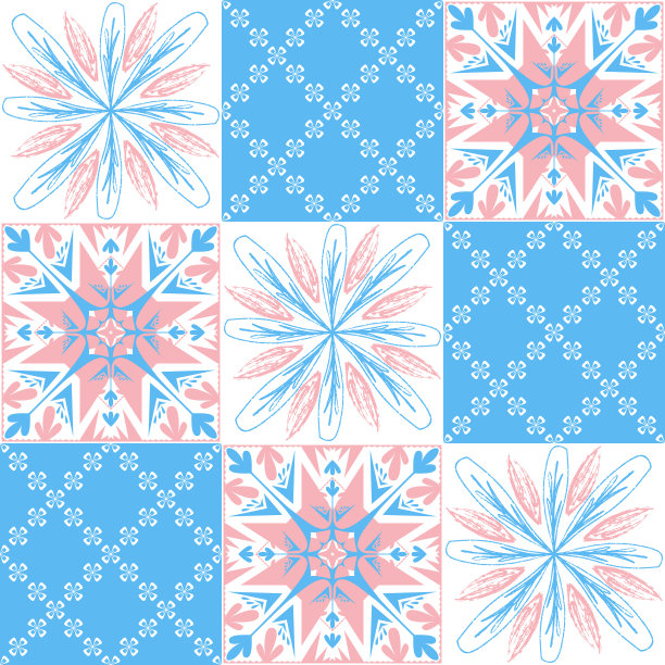 TalaVera de Puebla陶瓷葡萄牙瓷砖，粉彩无缝图案装饰墙壁和地板，矢量插图瓷砖设计的女孩粉蓝色白色图片下载