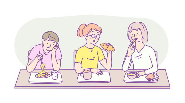 学生午餐时间。一群年轻人吃着快餐、面条、羊角面包，喝着牛奶和咖啡。图片下载