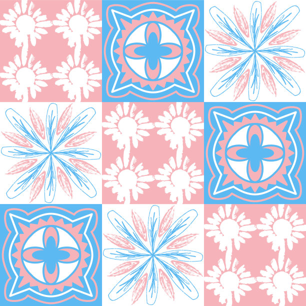 TalaVera de Puebla陶瓷葡萄牙瓷砖，粉彩无缝图案装饰墙壁，矢量插图瓷砖设计的女孩粉蓝色白色图片下载