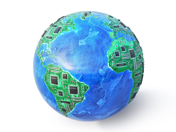 数字世界的观念。白色背景上有微芯片的星球。三维演示图片下载