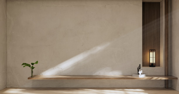 橱柜室内饰木质和面，扶手椅沙发及装饰日式风格。三维渲染图片下载