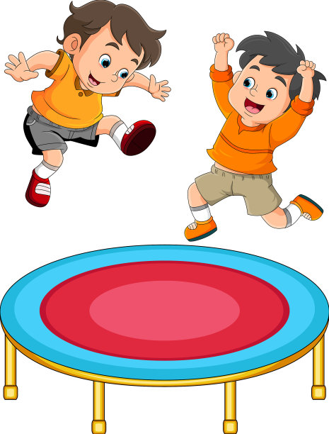 一对双胞胎男孩在蹦床上一起跳图片下载