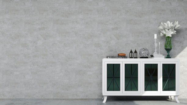 空白混凝土墙配白色现代经典低柜。图片下载