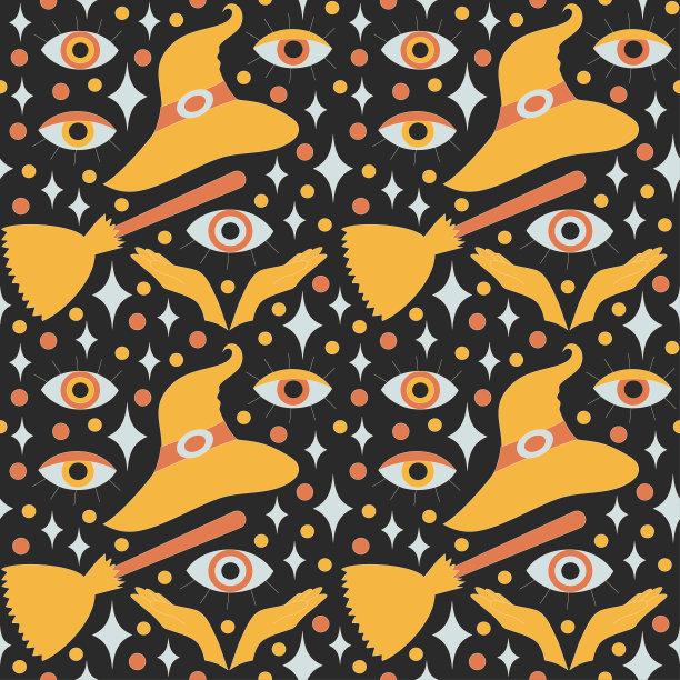 无缝图案与复古70年代风格的万圣节元素。图片下载