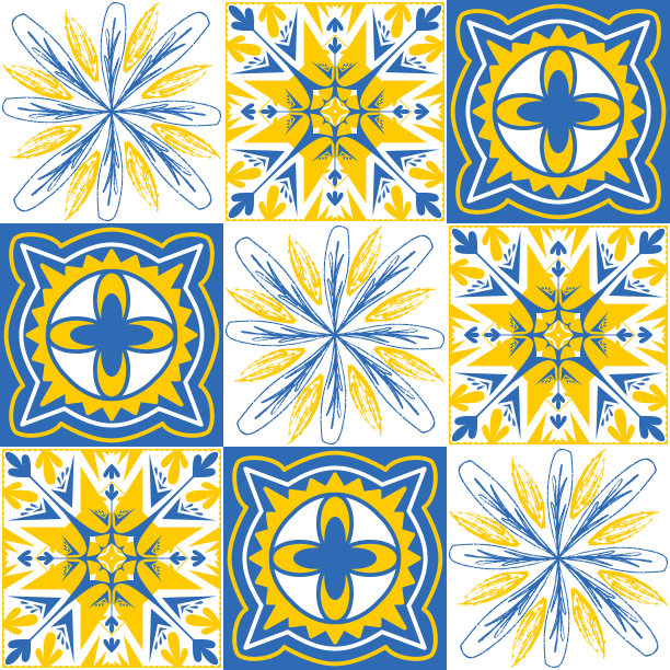 西班牙瓷砖azulejo talavera，对比图案蓝黄色明亮装饰墙壁和地板，矢量插图图片下载