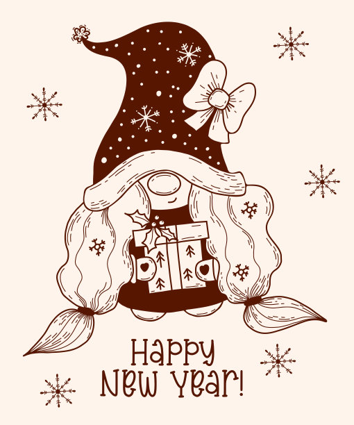 斯堪的纳维亚圣诞精灵女孩与圣诞礼物。矢量插图。手绘涂鸦风格。新年贺卡快乐。图片下载