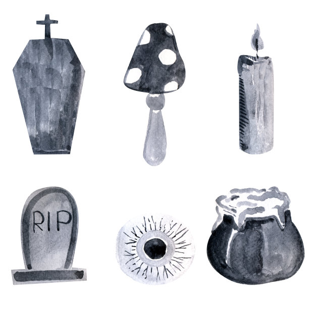 黑色的万圣节元素水彩套装。图片下载