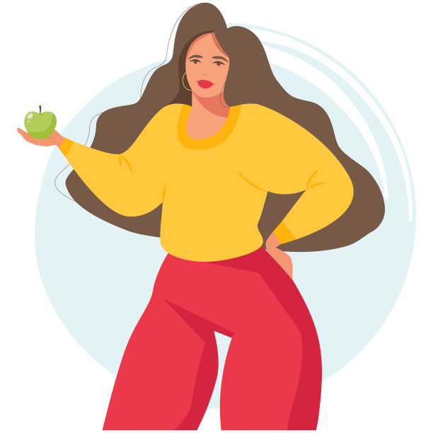 一个美丽而快乐的女人手里拿着一个苹果。图片下载