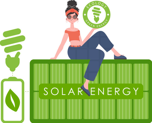 一名妇女坐在太阳能电池板上，拿着环保装置图片下载