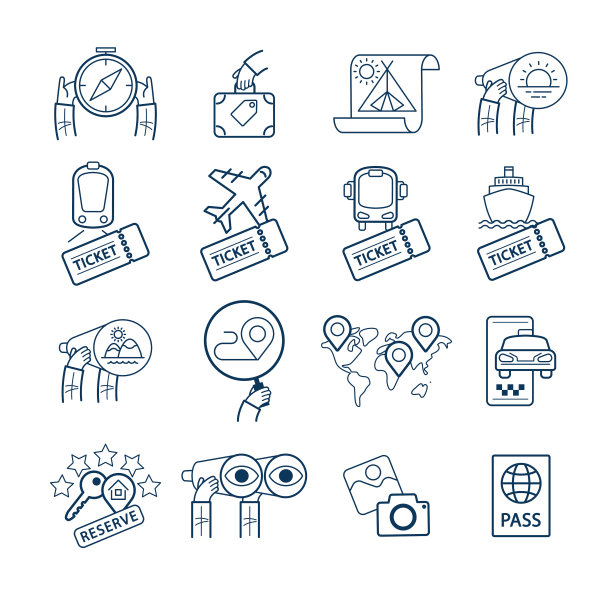 一套概念性的旅行图标。景点图标，旅游交通工具，酒店预订，度假地点搜索。图片下载
