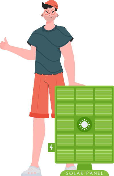 这家伙站在绿色能源的太阳能板旁边图片下载