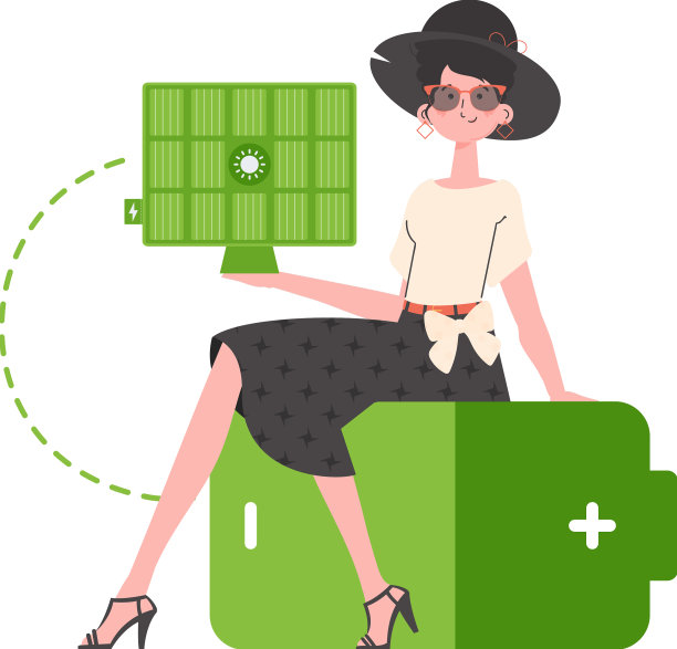 女孩坐在电池上，装着一块太阳能电池板图片下载